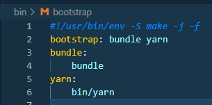a screenshot of a bin/bootstrap script in an editor, the source text is:
#!/usr/bin/env -S make -j -f
bootstrap: bundle yarn
bundle:
bundle
yarn:
bin/yarn